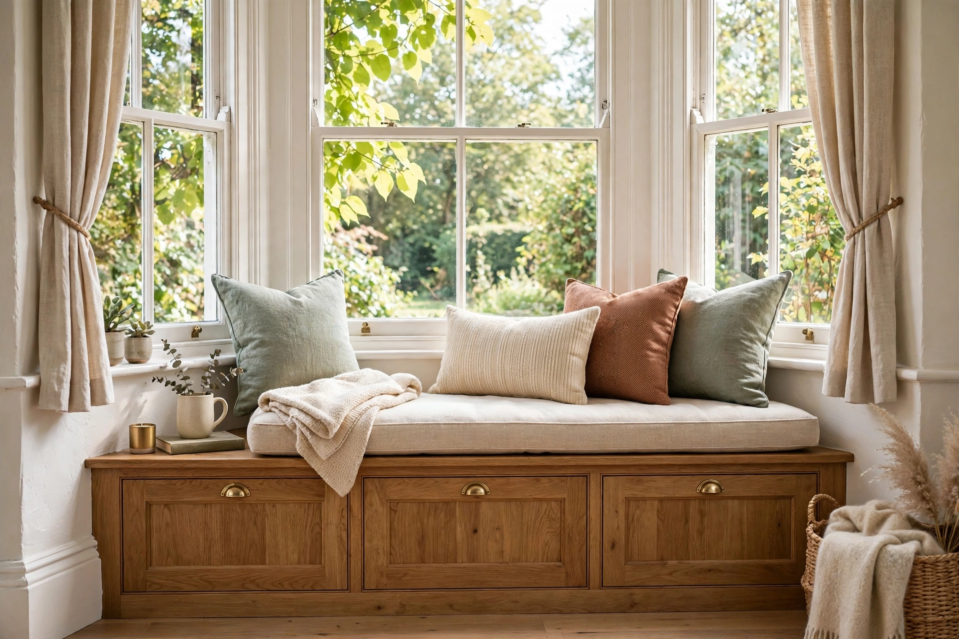 Wooden storage bench with cushions set into a bay window