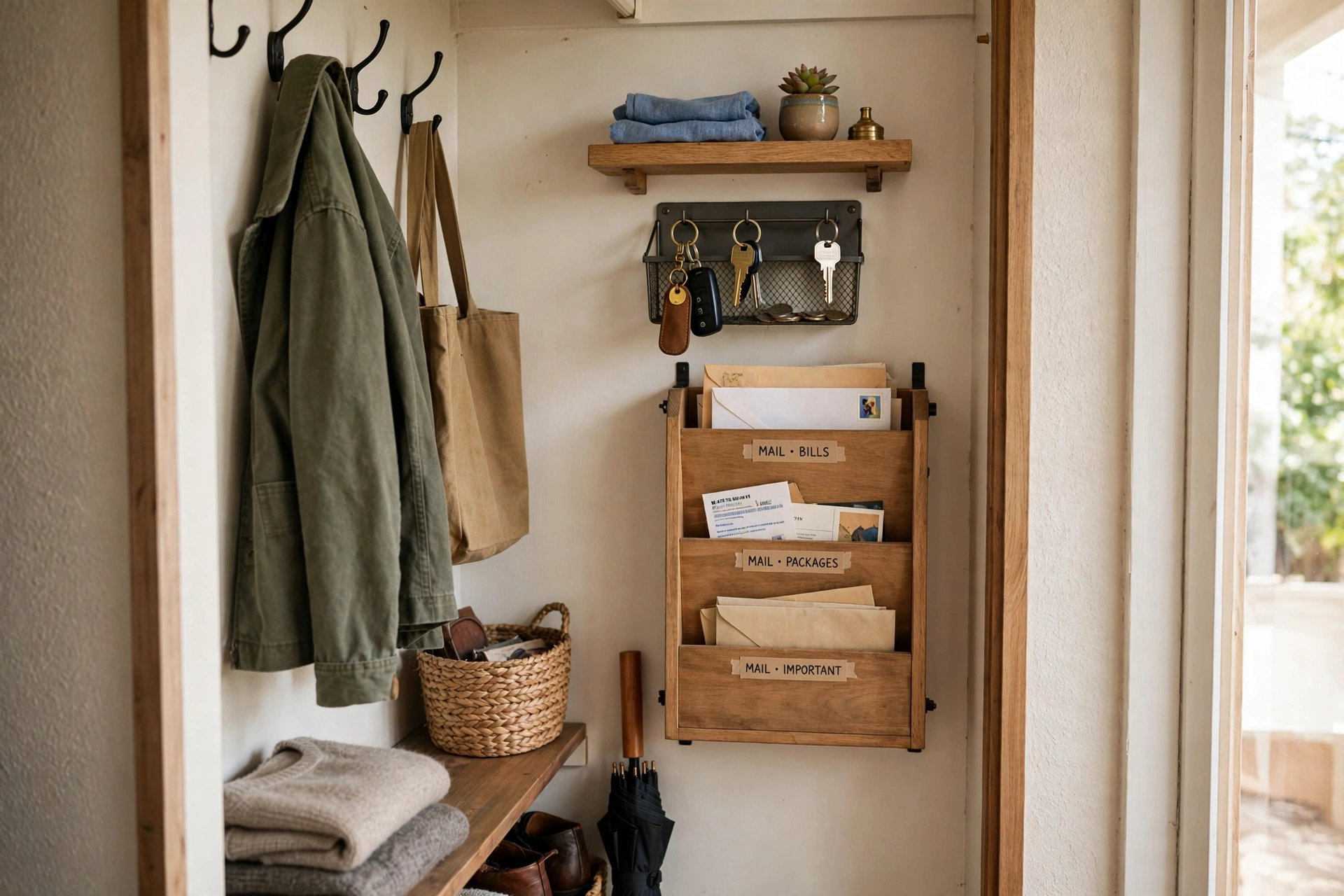Small wall shelf with a key tray and mail sorter inside an entry closet