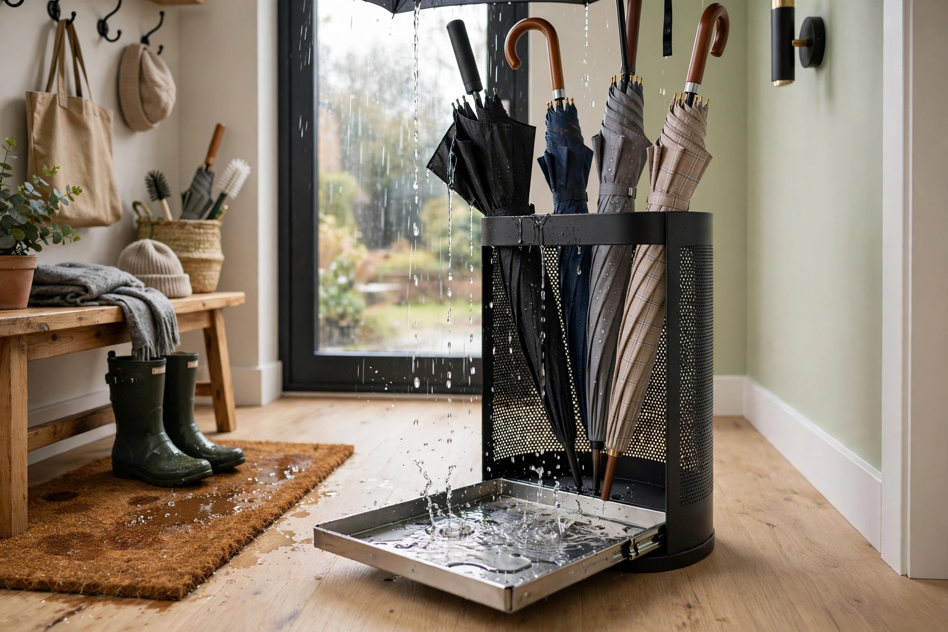 Umbrella stand with a removable drip tray catching water in an entryway