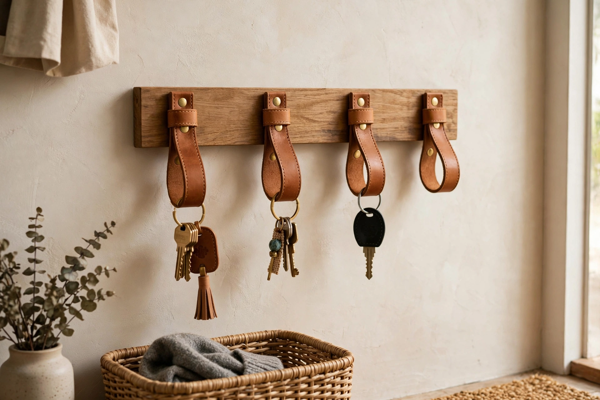 Leather strap key hooks in warm tones on an entryway wall