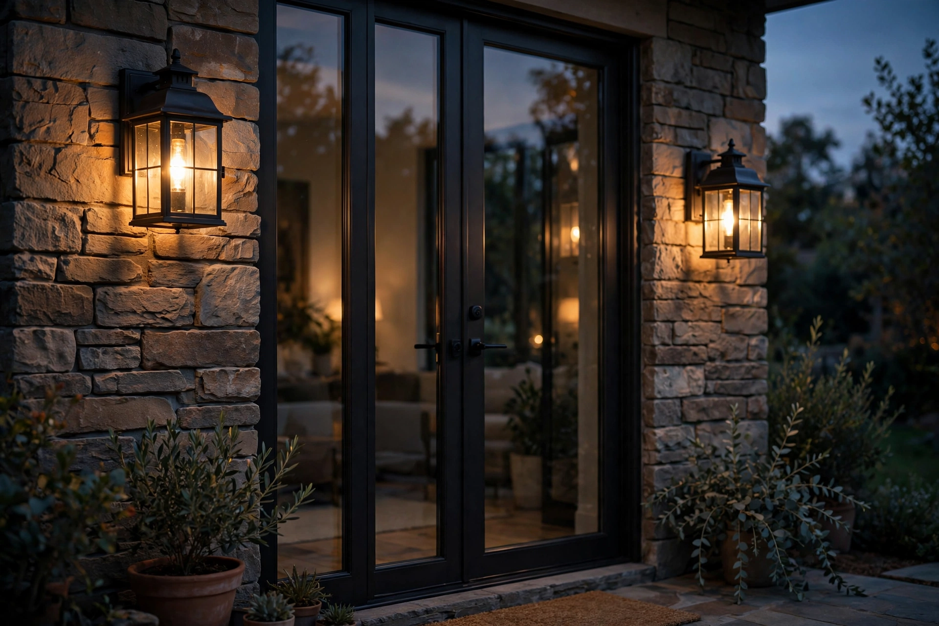 Pair of lantern style outdoor wall sconces glowing beside a patio door