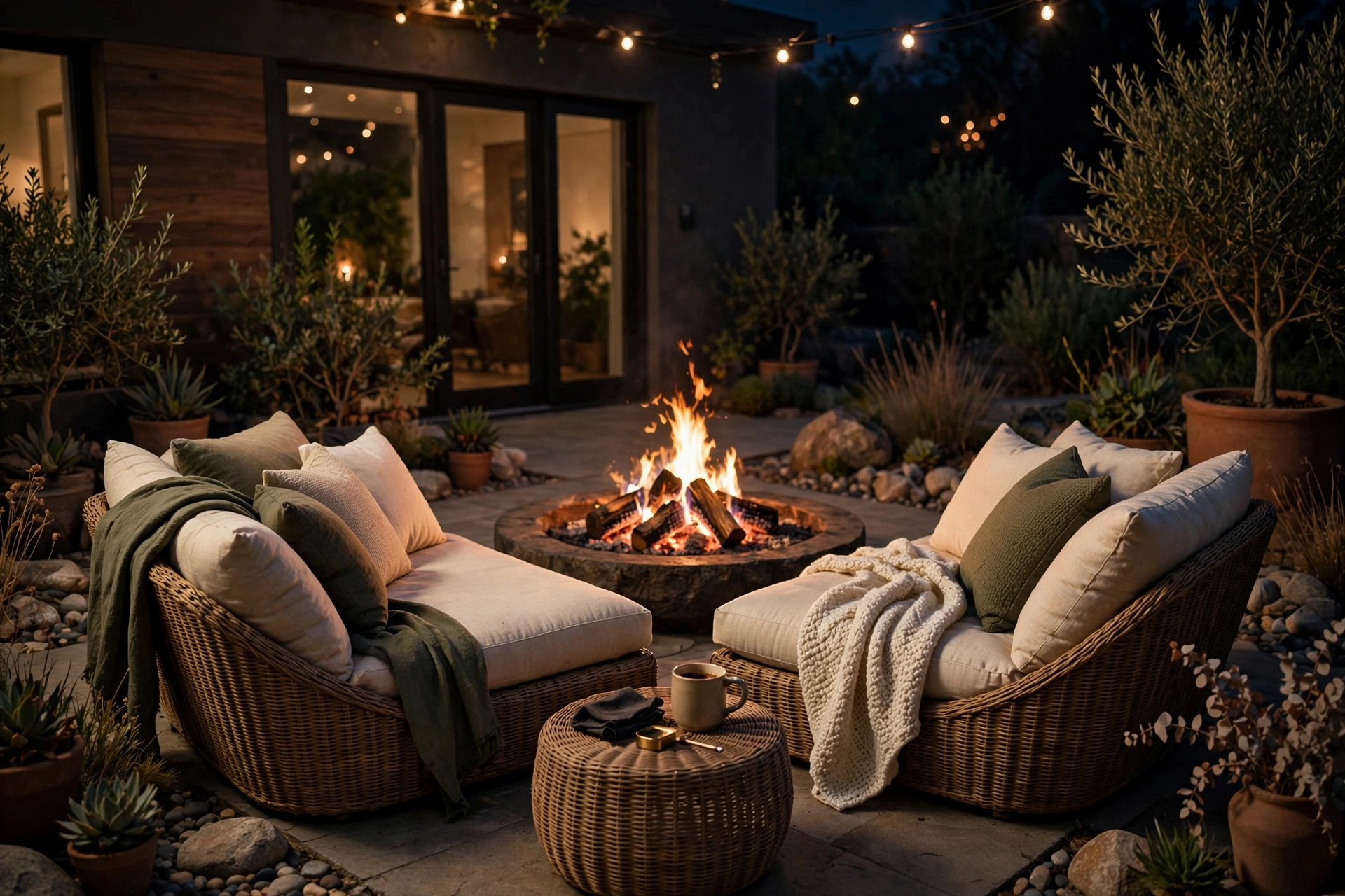 Deep low slung wicker chairs facing a glowing fire pit at night