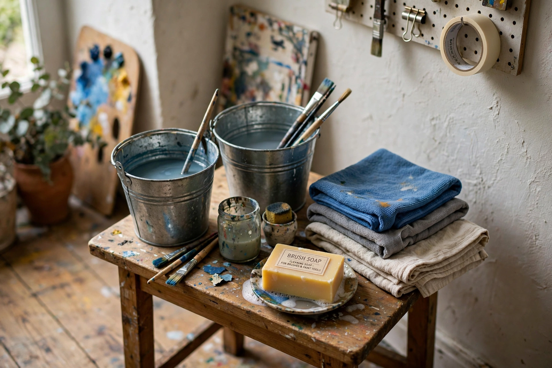 Studio cleanup corner with water buckets rags and brush soap