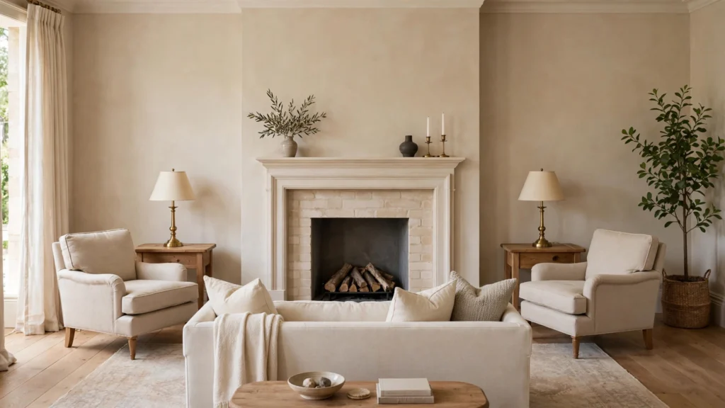 Symmetrical transitional living room with matching armchairs flanking a fireplace