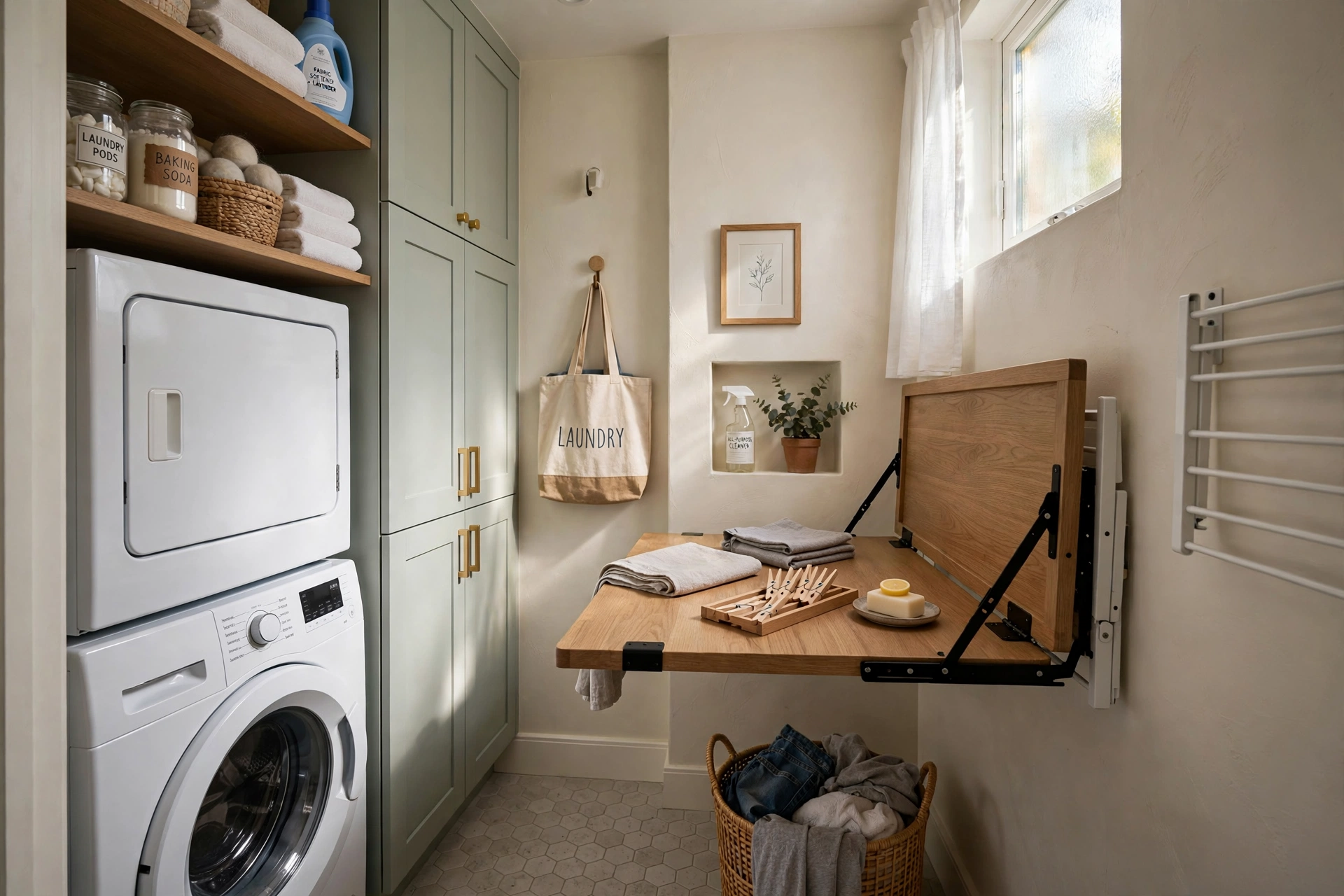 Drop down wall mounted folding table in a compact laundry room