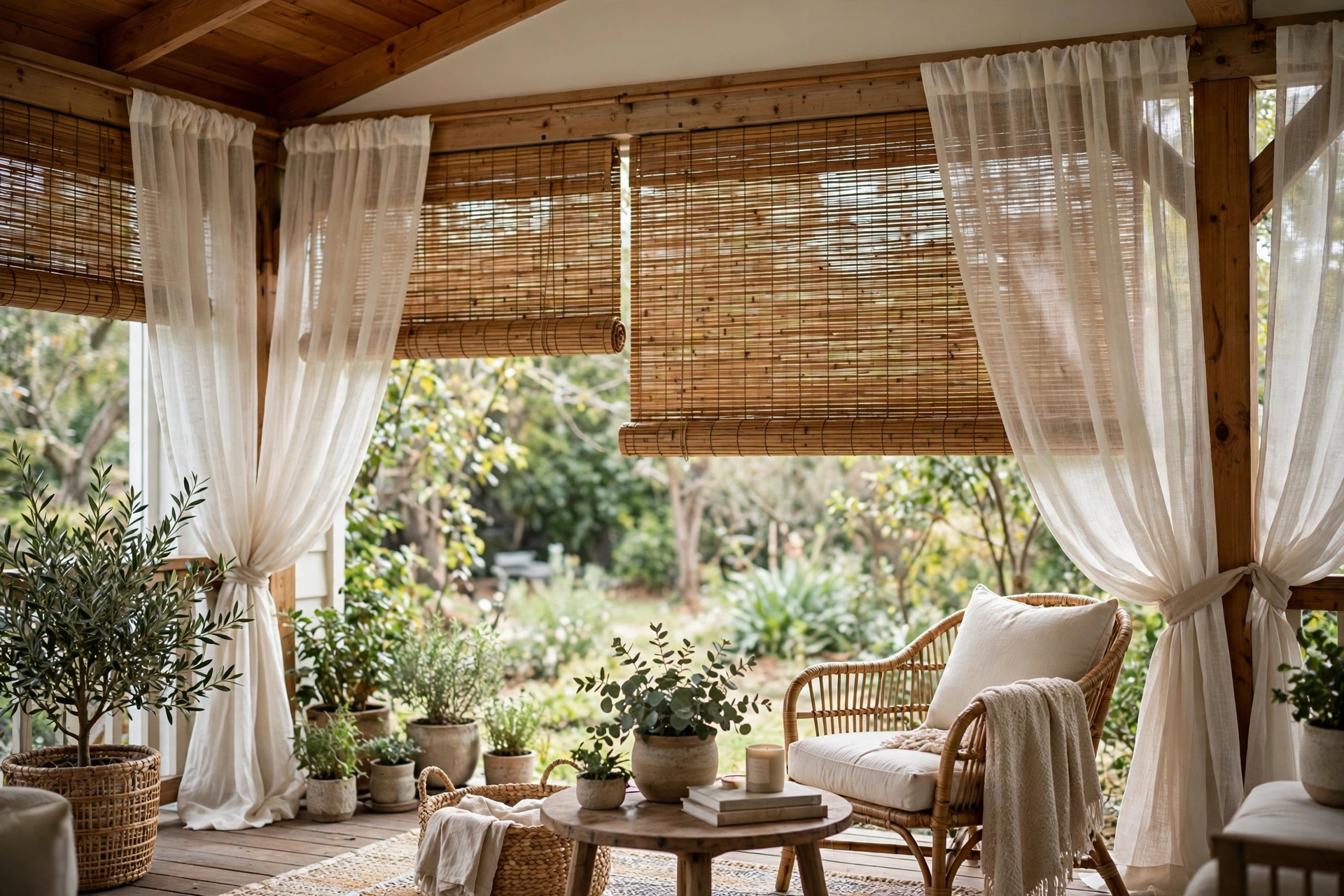 Bamboo roll up shades layered with linen curtains on a covered porch