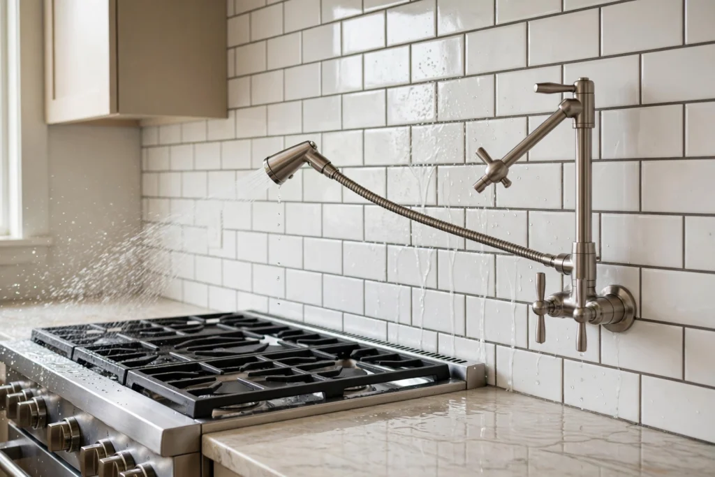 Pot filler with pull-out sprayer rinsing the backsplash beside the stove