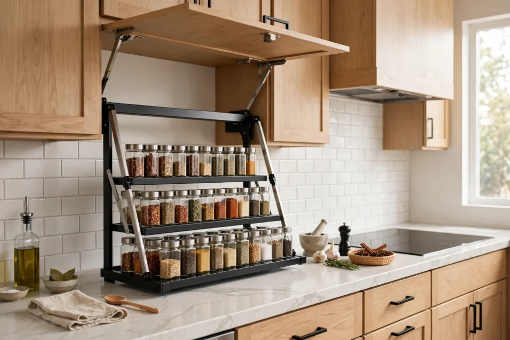 Pull-down spice rack lowered to counter level from an upper kitchen cabinet