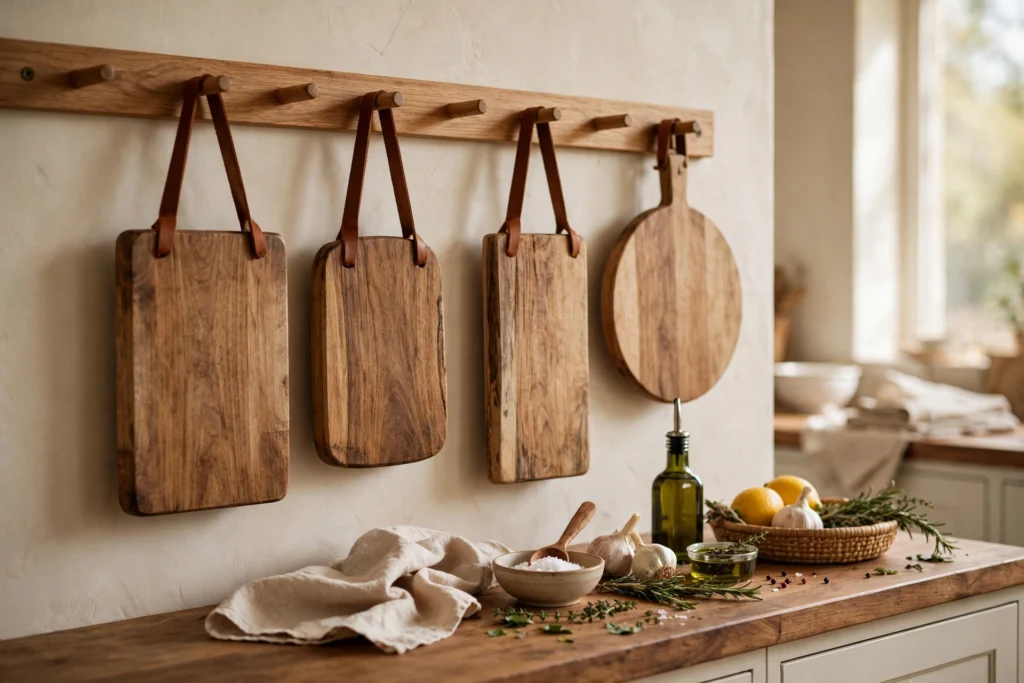 Cutting boards hanging from cognac leather straps on a kitchen peg rail