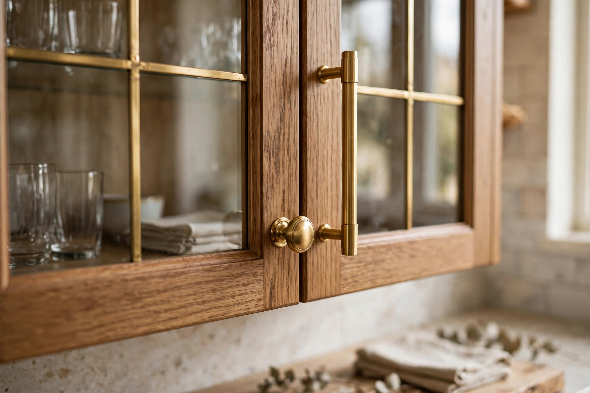 Brass knobs and pulls coordinating with framed glass cabinet doors