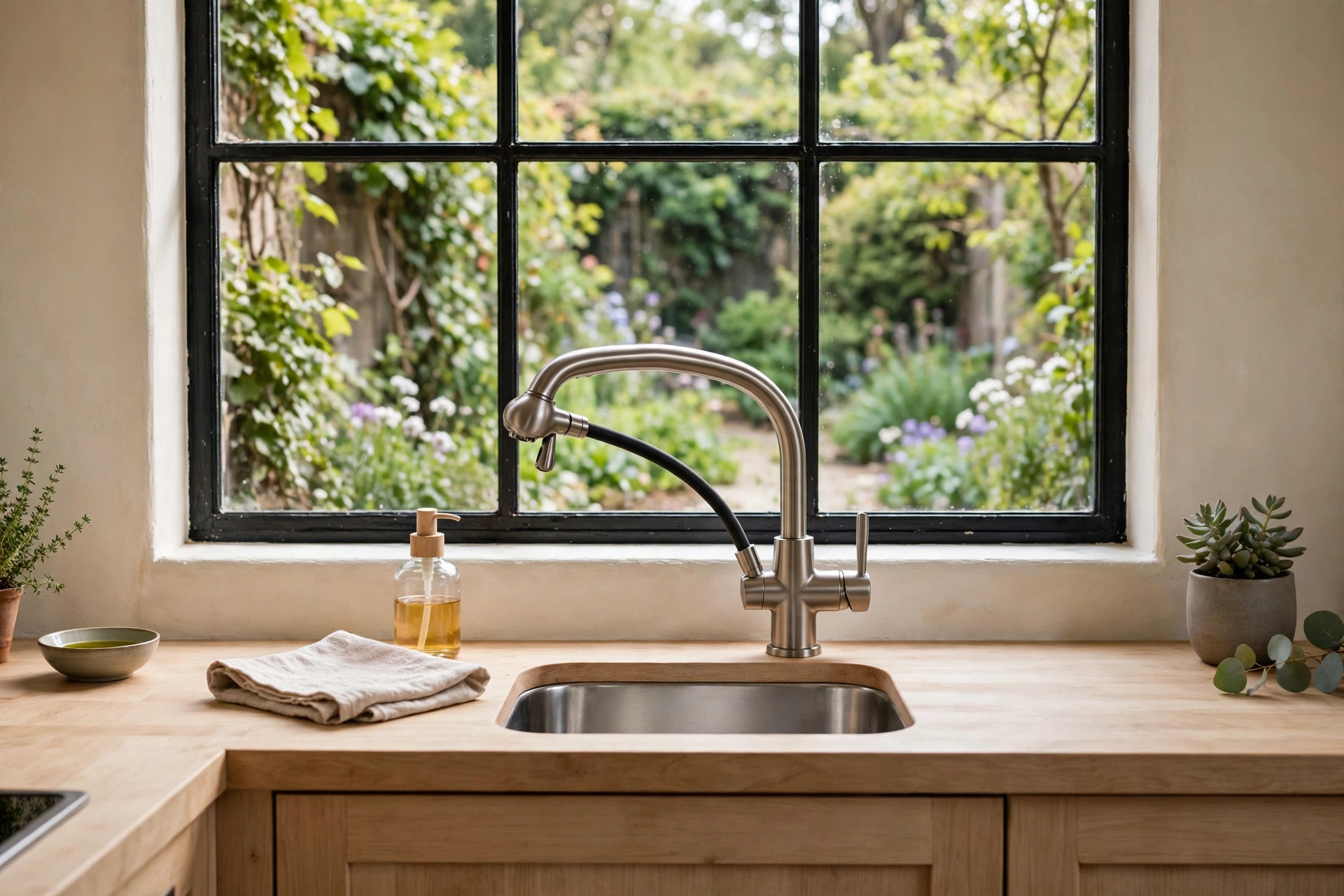 Low-arc pull-out faucet suited for a compact sink under a kitchen window