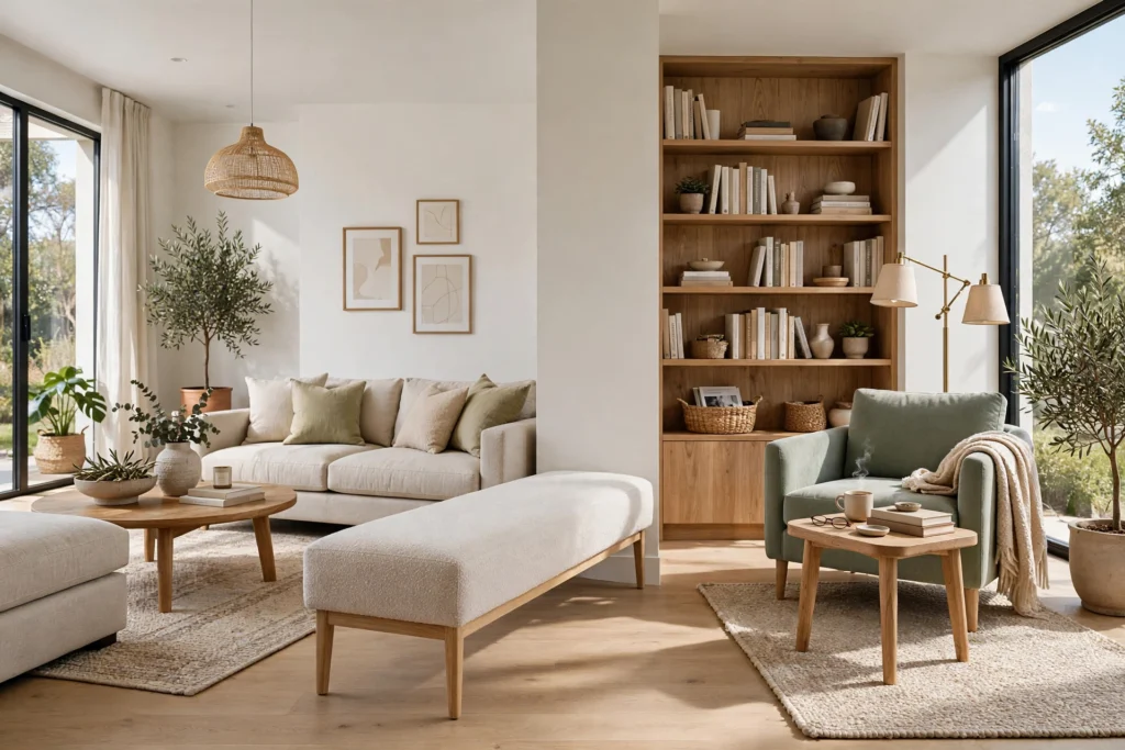 Backless bench dividing open plan living and reading zones