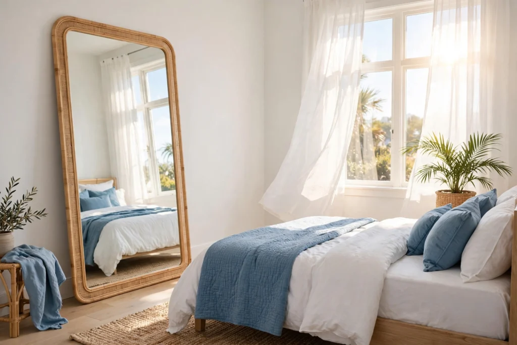 Tall leaning mirror with rattan frame reflecting daylight in a coastal bedroom