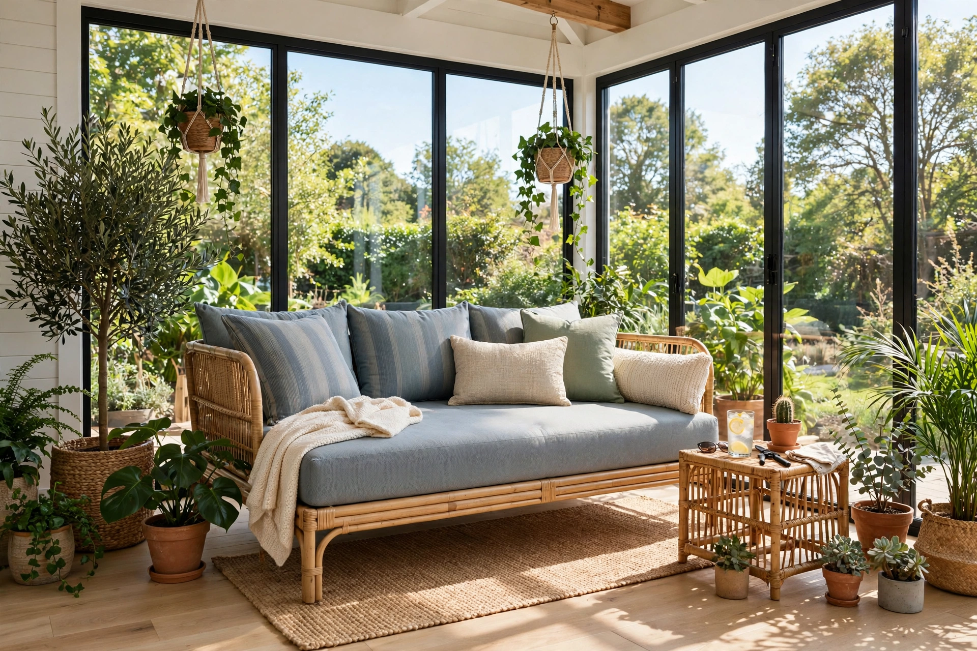 Daybed with weather resistant cushions in bright sunroom living space