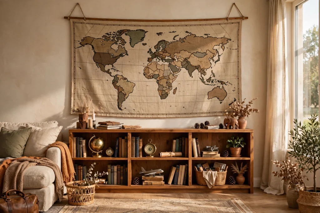Large world map tapestry hung above bookshelf in living room