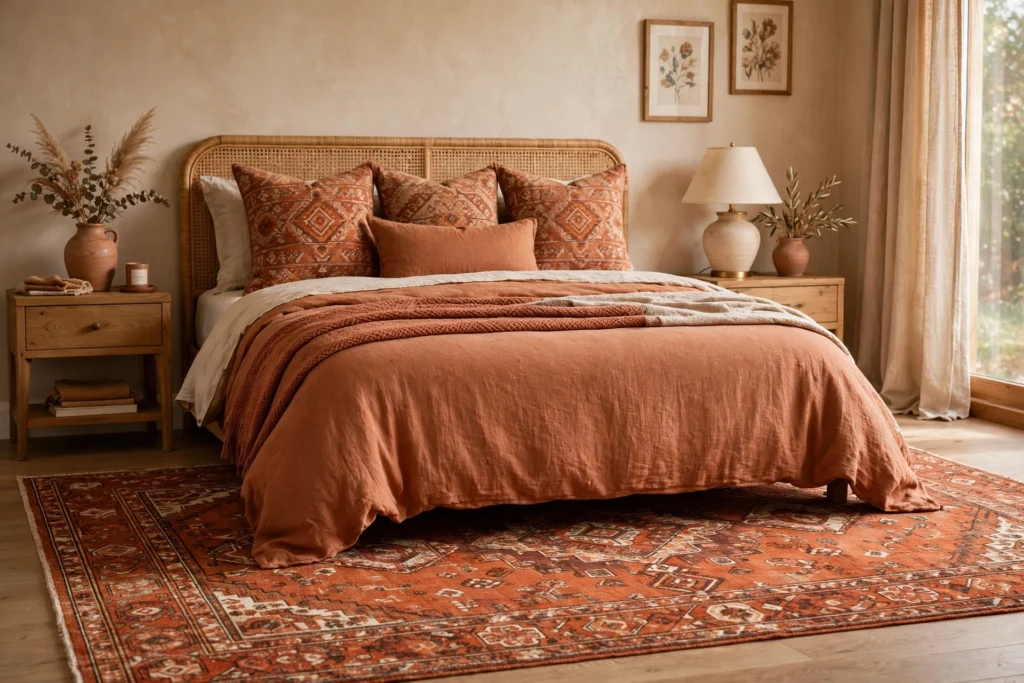 Terracotta patterned rug anchoring matching throw pillows and bedding tones