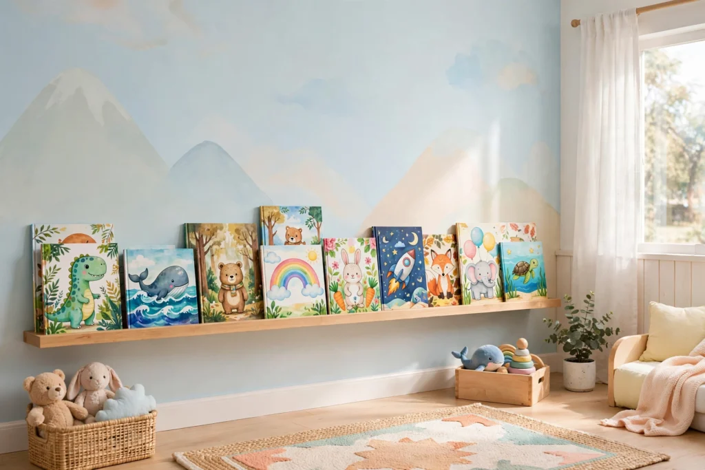 Low floating shelves displaying children's books cover-out in a kids bedroom