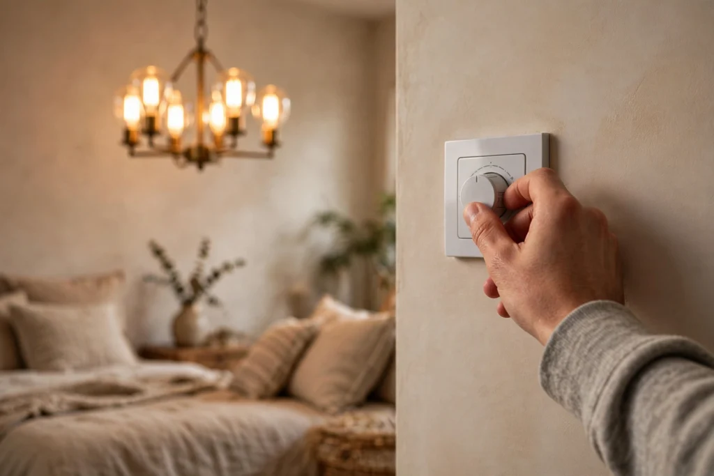 Hand adjusting a dimmer switch controlling a warm bedroom chandelier