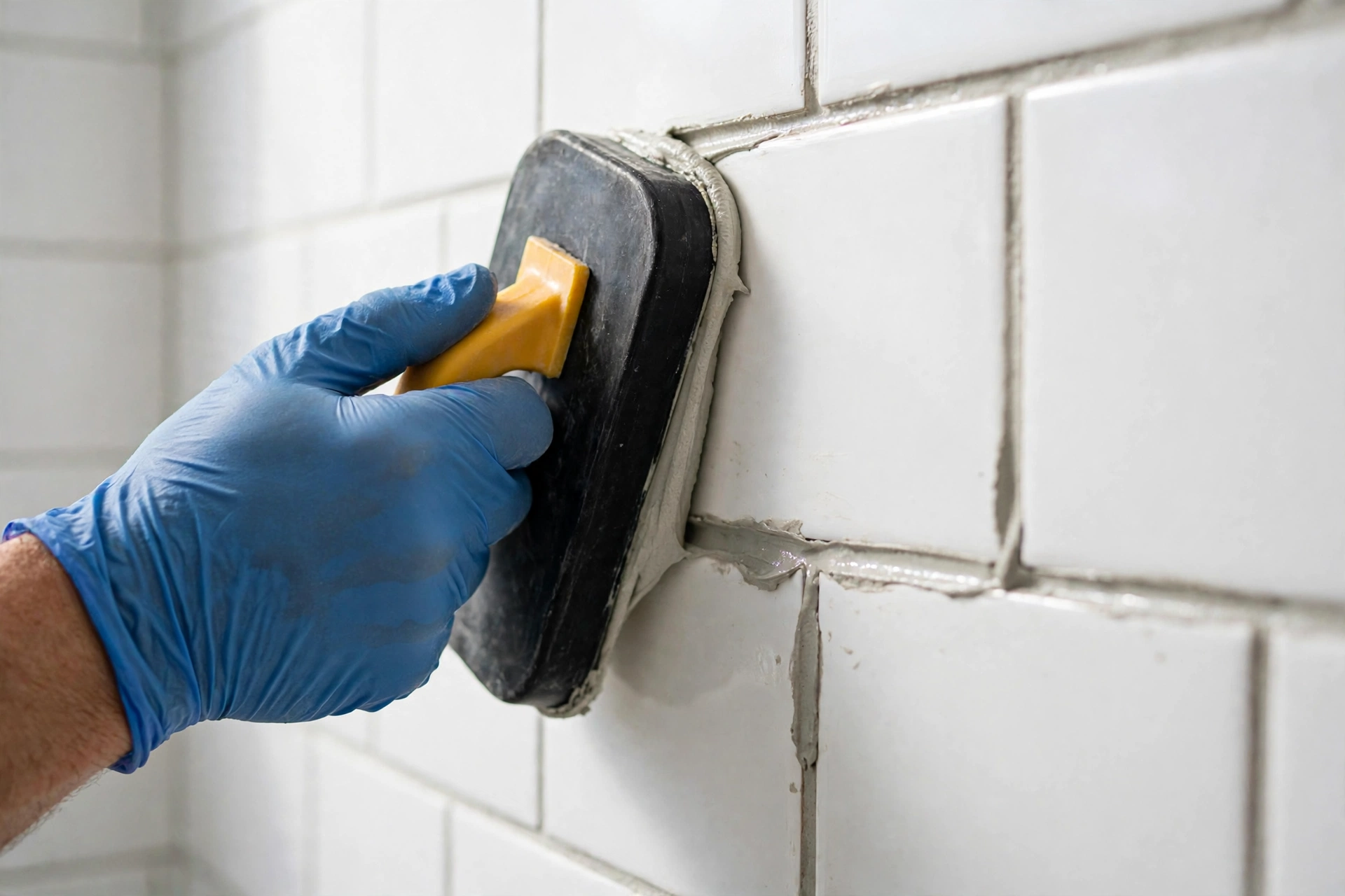 Close-up of epoxy grout lines being applied to bathroom wall tile
