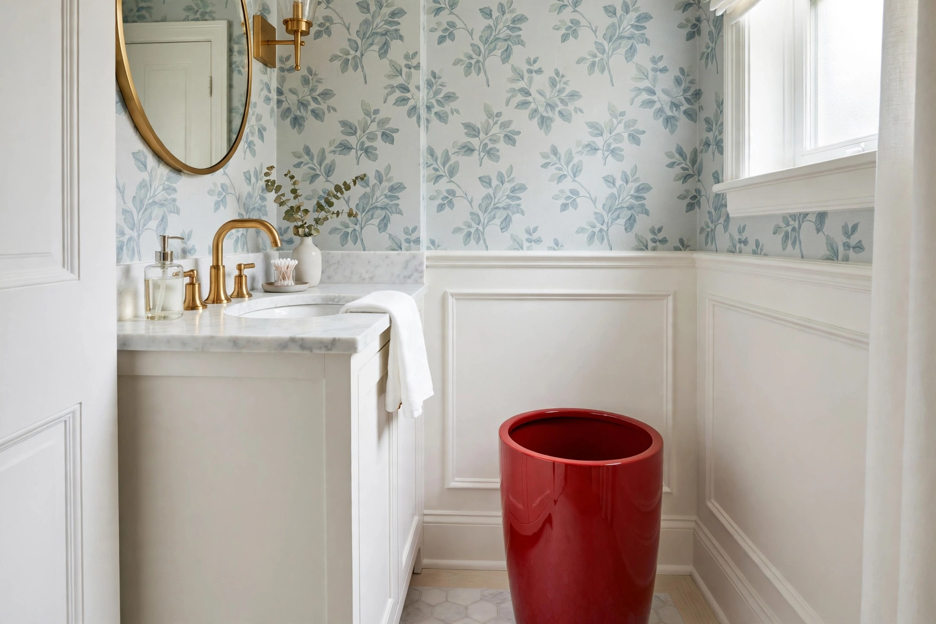 Glossy lacquered red wastebasket making a statement in a small powder room