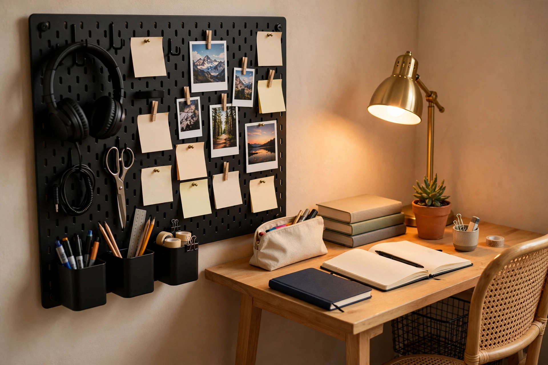 Black pegboard organizer beside a teen desk with hooks, pinned photos and notes