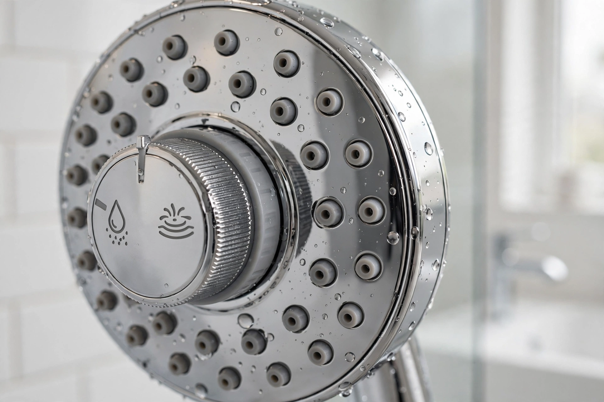Multi-setting shower head with a dial switching between rain and massage modes