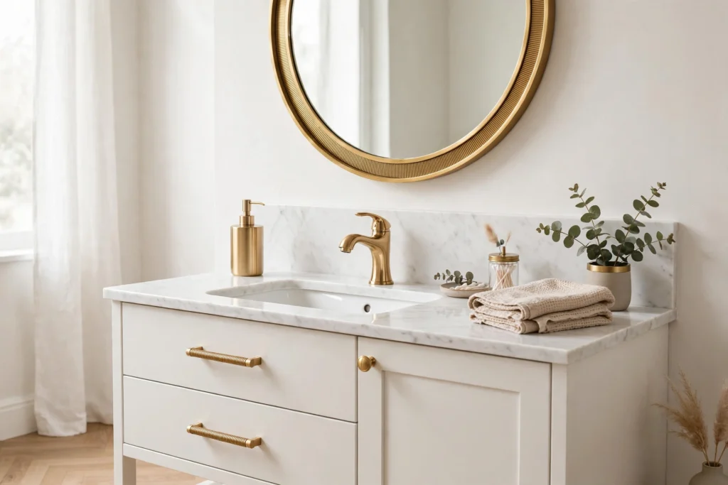 Coordinated brass vanity hardware matching the faucet and round mirror frame