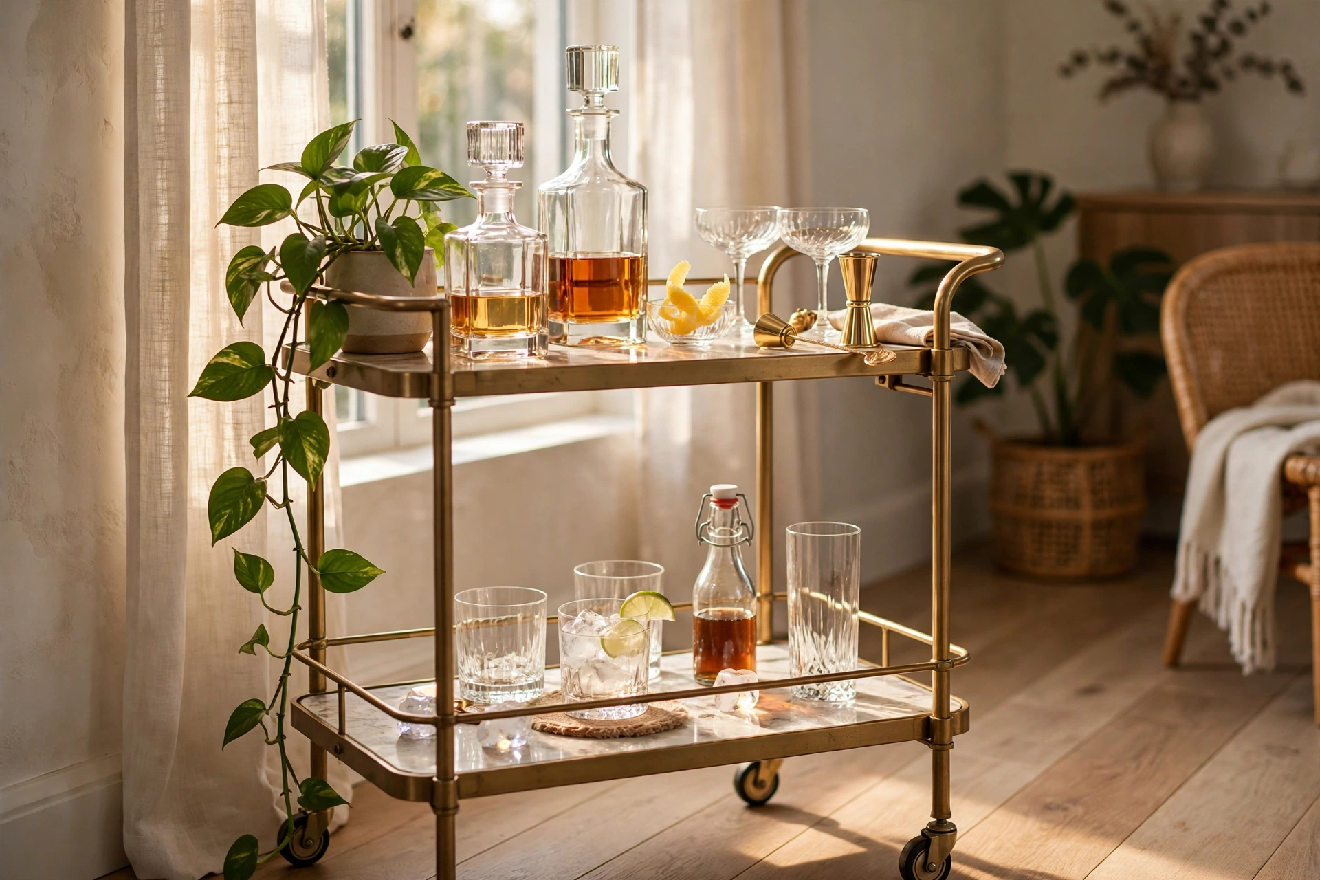 Bar cart styled with decanters, glassware, and a small trailing pothos plant