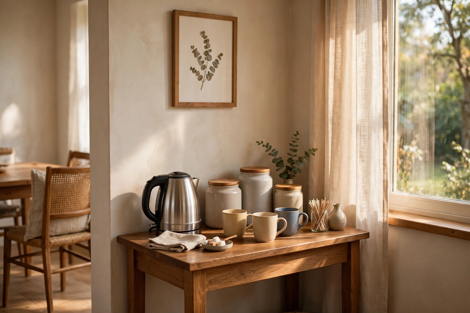 Dining room corner coffee station with kettle, mugs, and canisters on a console