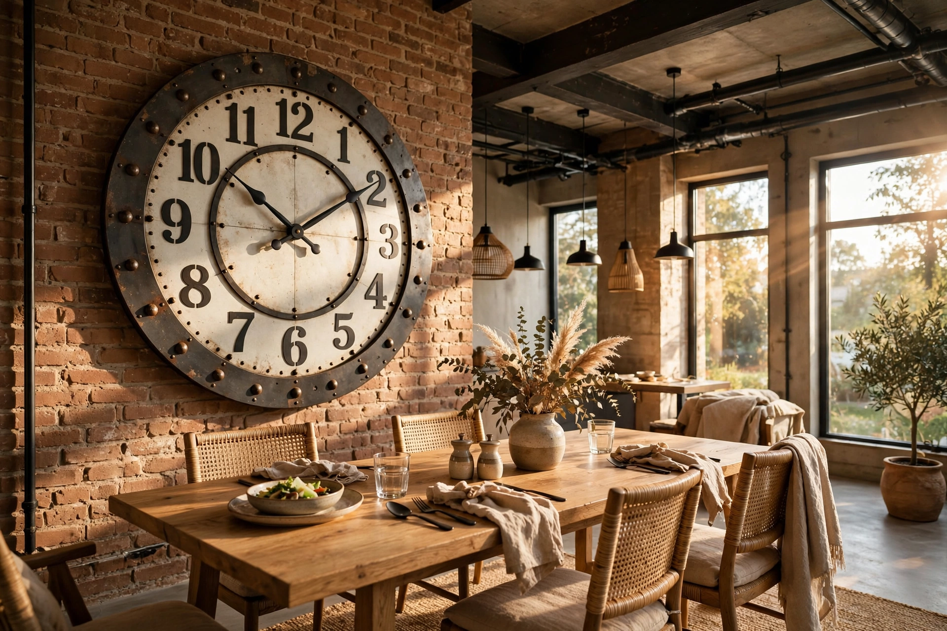 Large industrial metal wall clock with rivets and bold numerals in a loft dining room
