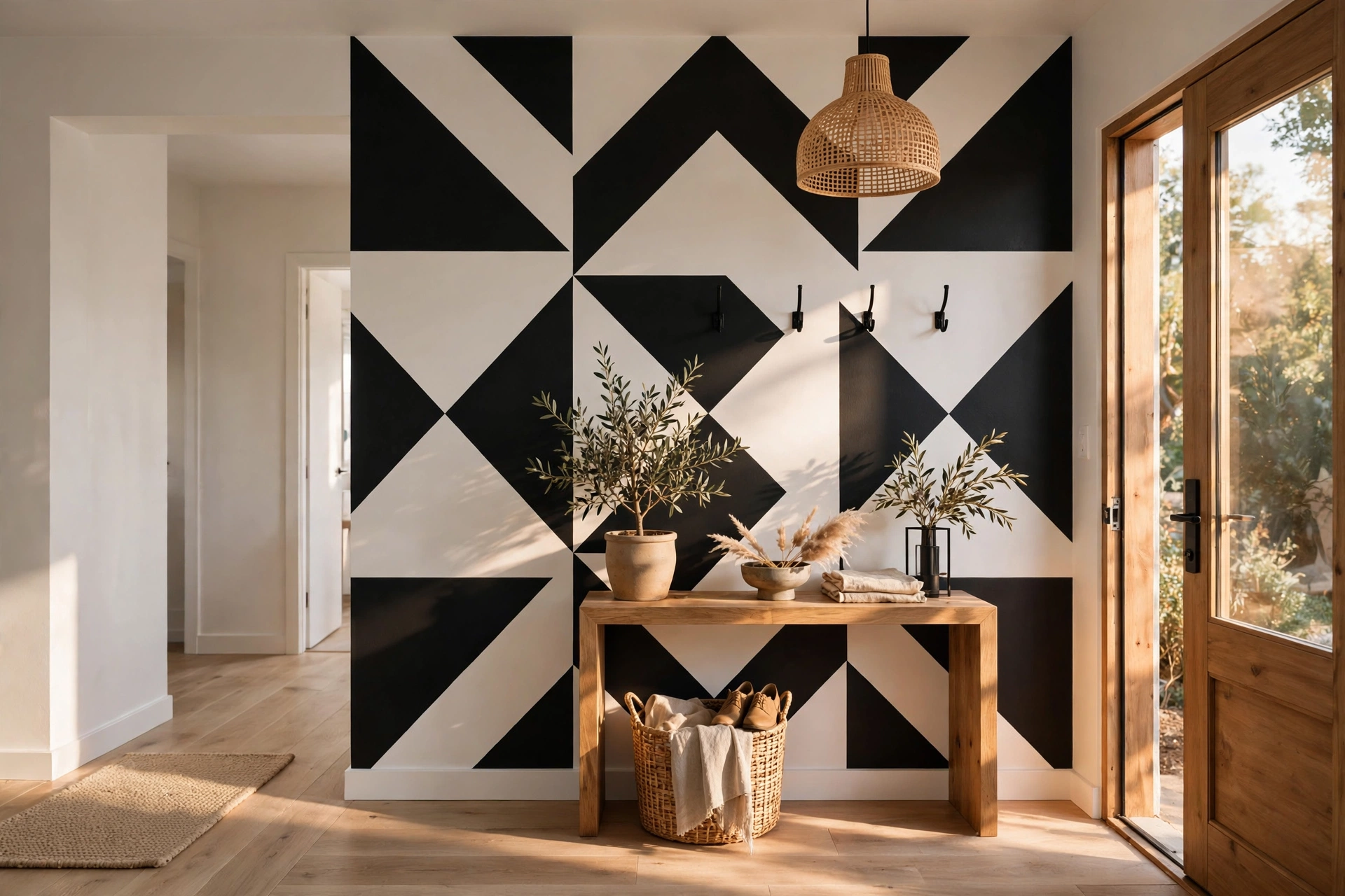 Entryway accent wall with bold black and white geometric painted pattern