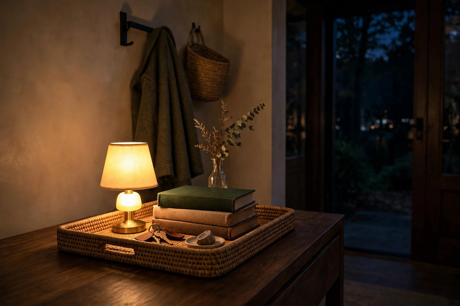 Entryway tray with a small glowing table lamp, books, and a bud vase at night