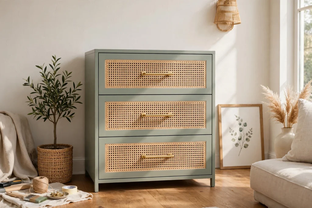 DIY filing cabinet makeover with cane webbing fronts and new drawer pulls