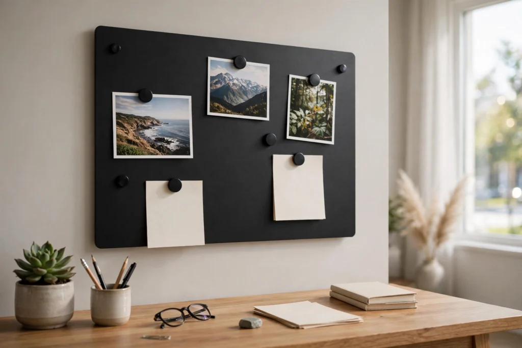 Matte black magnetic metal board holding photos and notes with round magnets above a desk