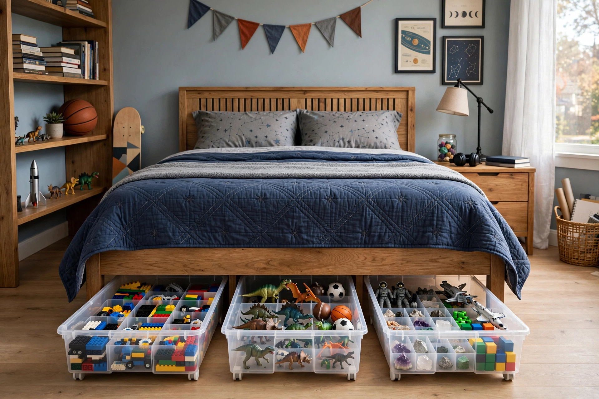 Rolling under-bed storage bins organizing toys and collections in a tween boy room