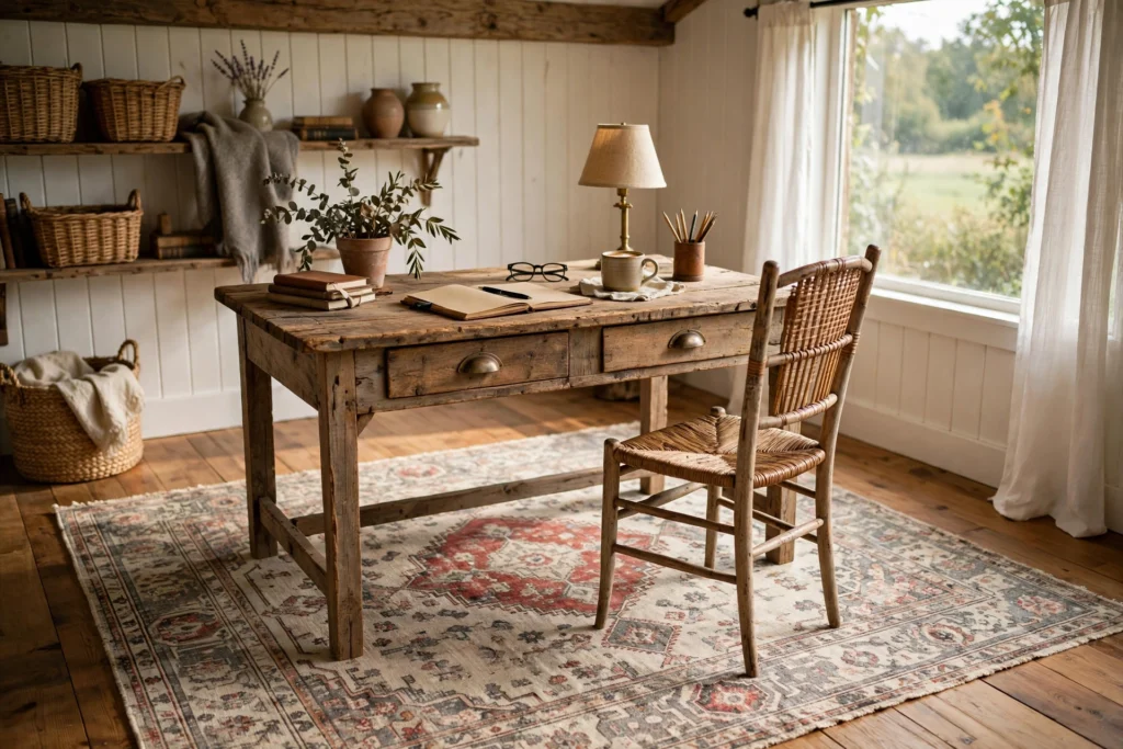 Vintage-style farmhouse area rug under a home office desk