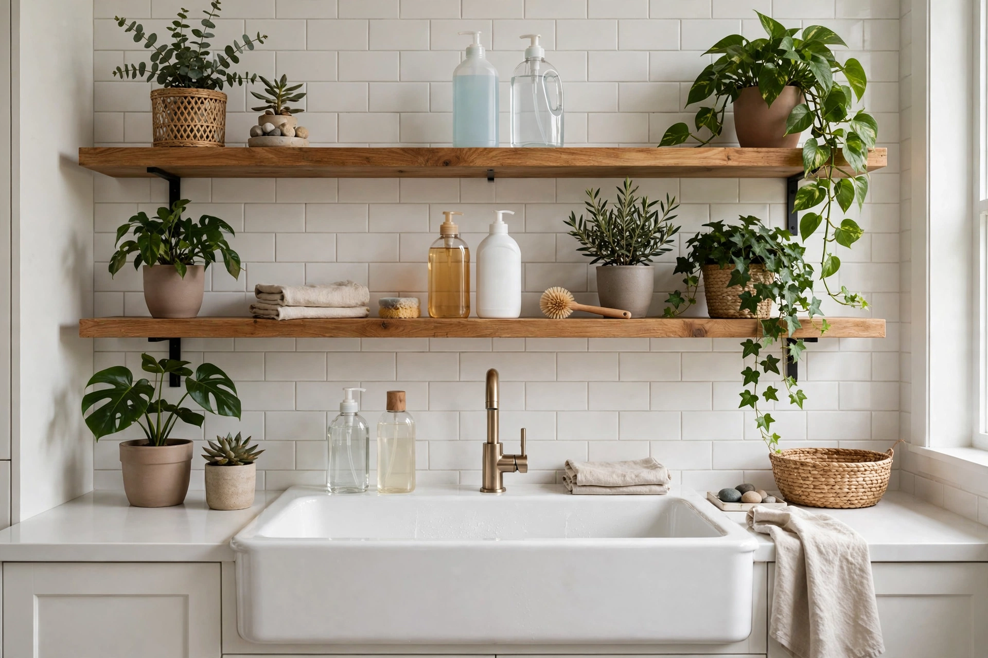 Open wooden shelves styled with plants and detergent bottles above a white laundry sink