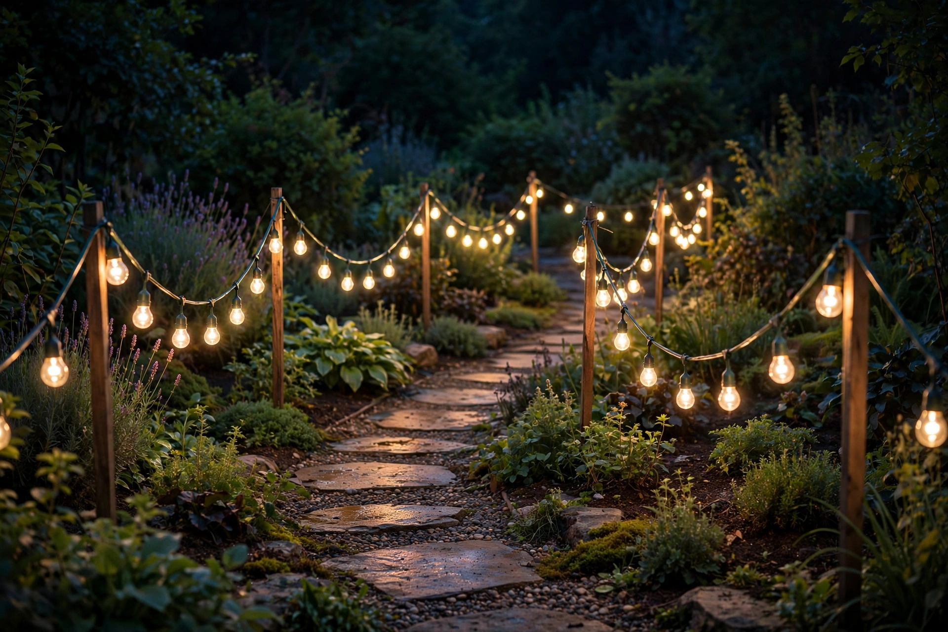 String lights draped low along stakes beside a garden path