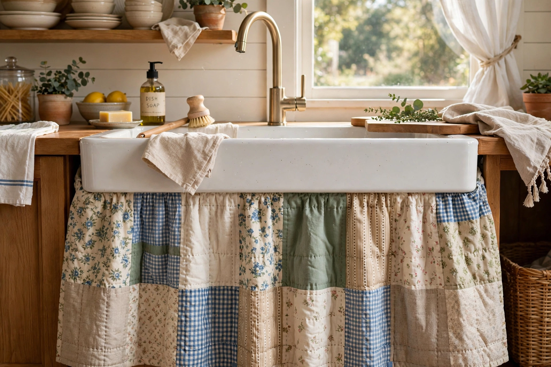 Handmade quilted patchwork sink skirt with straight-line stitching in a cozy kitchen