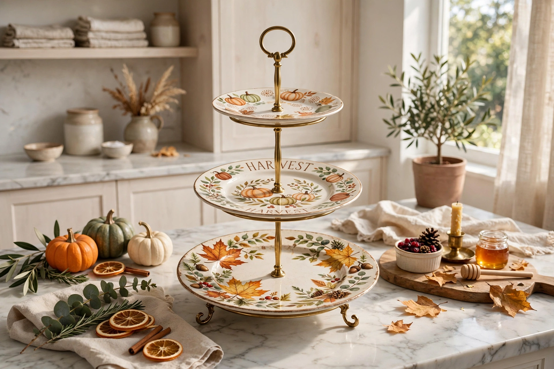 Tiered plate stand on a kitchen counter showcasing seasonal decorative plates at varying heights