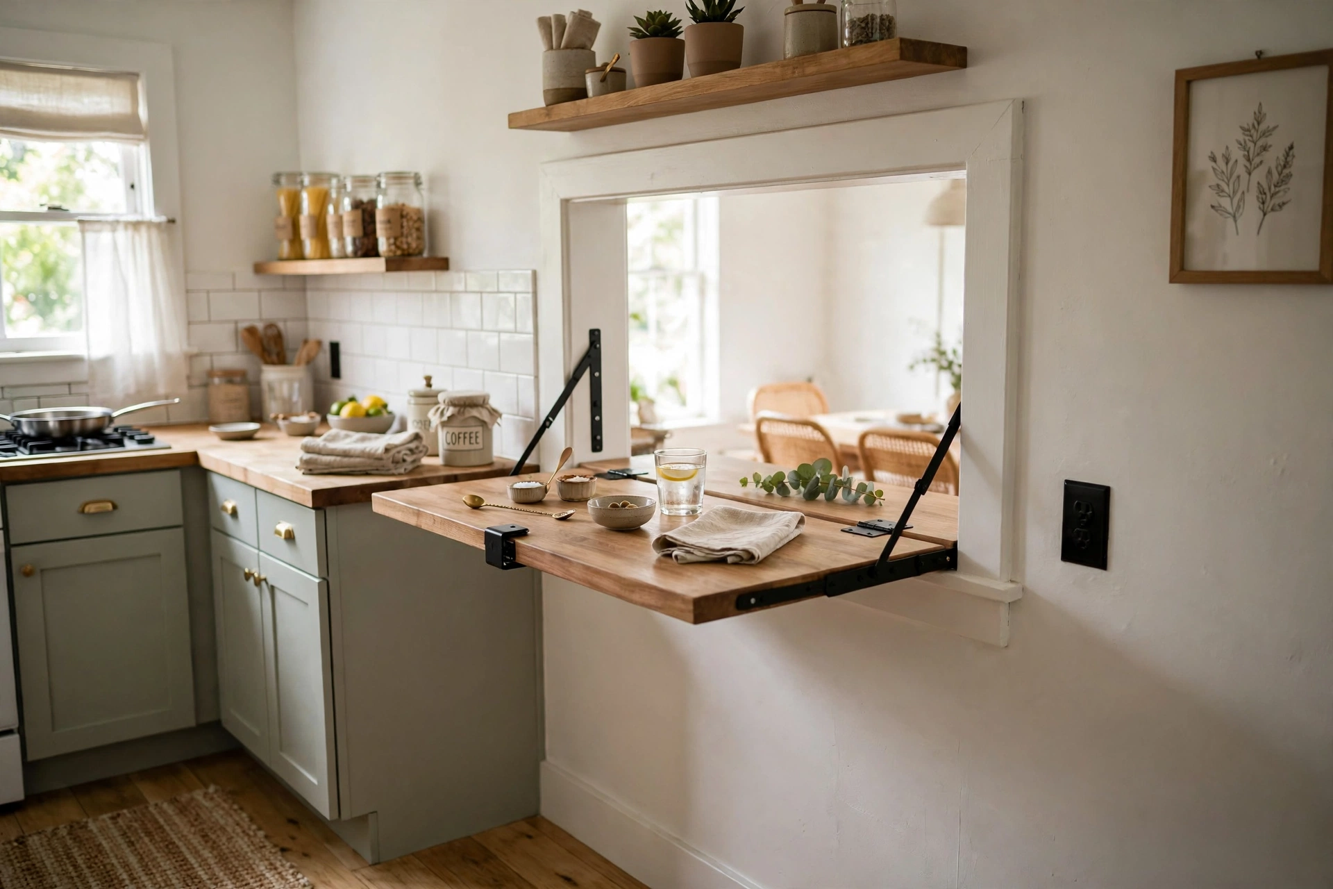 Fold-down counter on a kitchen pass-through providing temporary bar space in a small kitchen