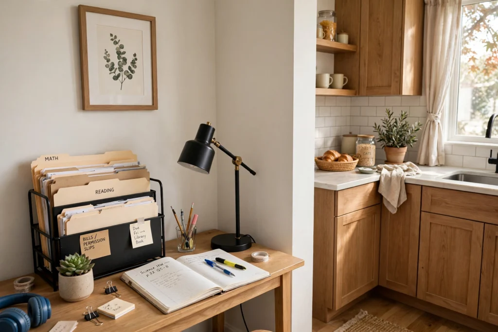 Homework station corner with small desk, lamp and file sorter beside the kitchen