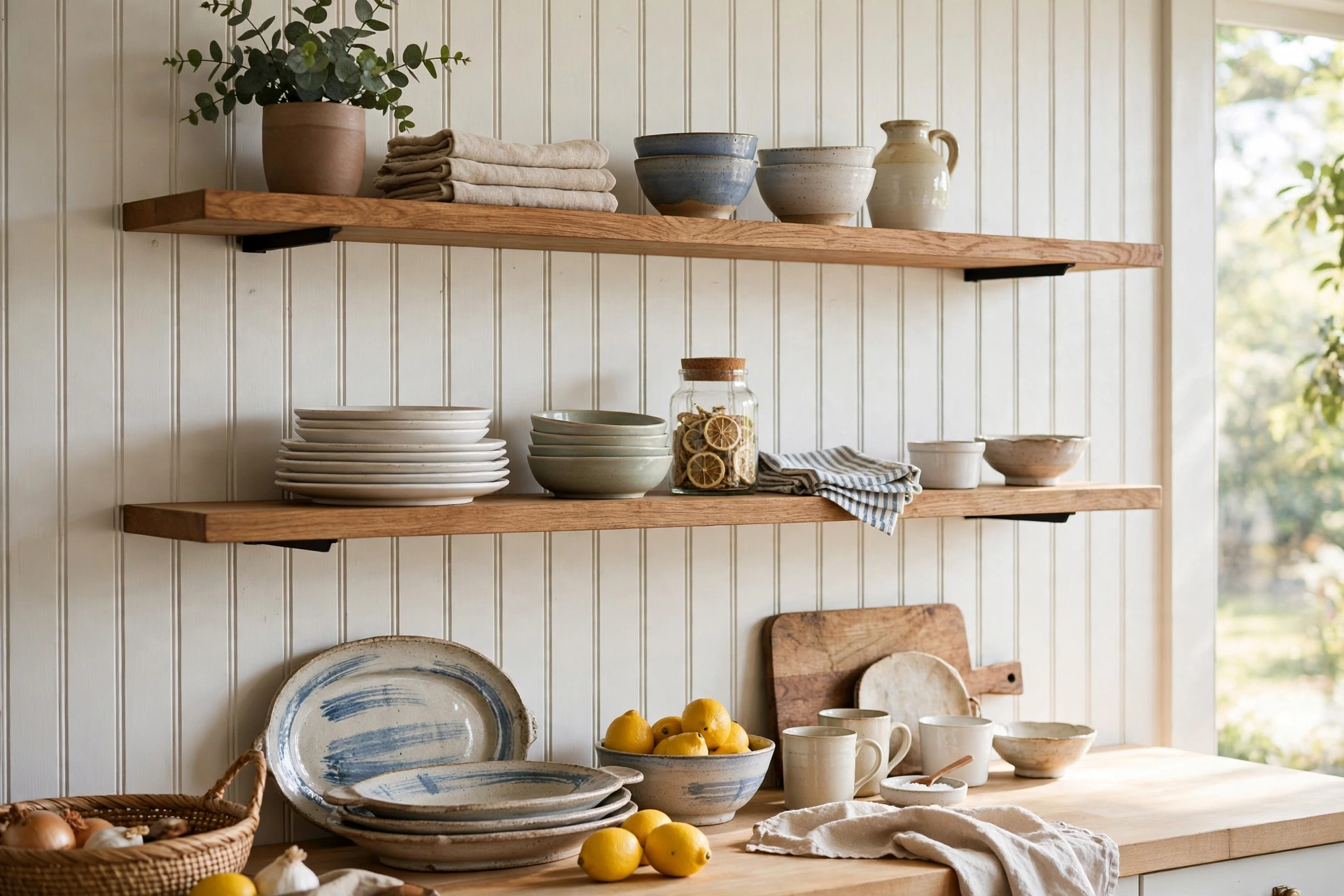Open wooden shelves mounted on a beadboard-backed wall displaying dishes in a kitchen