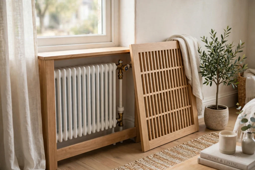 Removable front panel radiator cover showing easy valve access