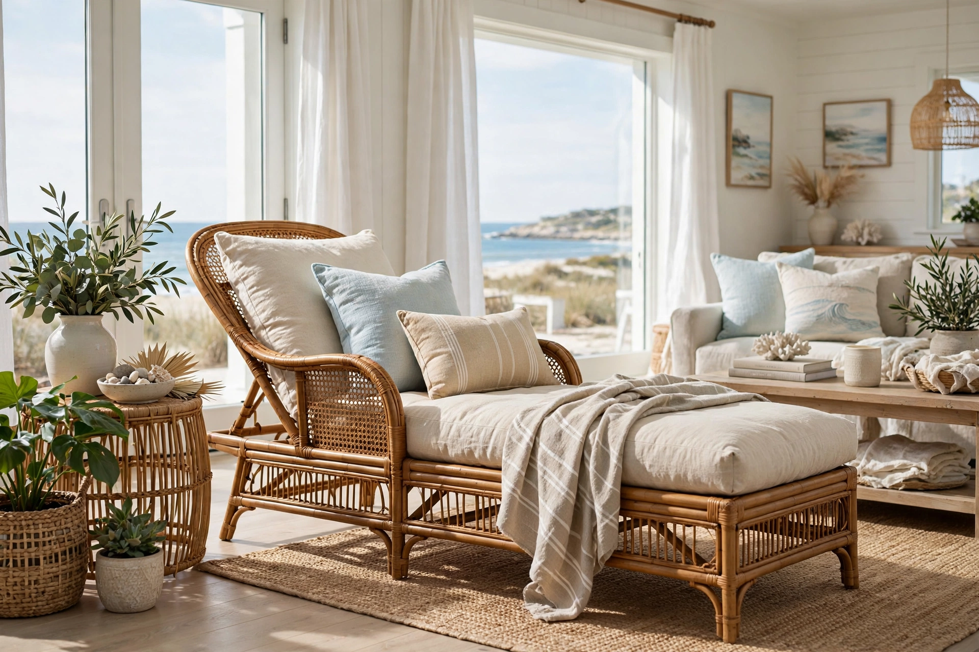 Natural rattan chaise lounge with cushions in a bright coastal living room