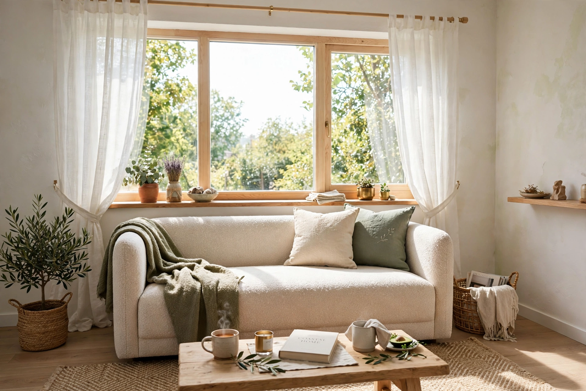 Low-backed loveseat nestled under a bright living room window