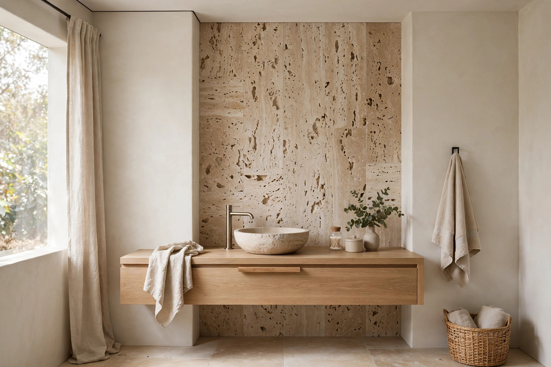 Travertine stone accent wall behind an oak bathroom vanity