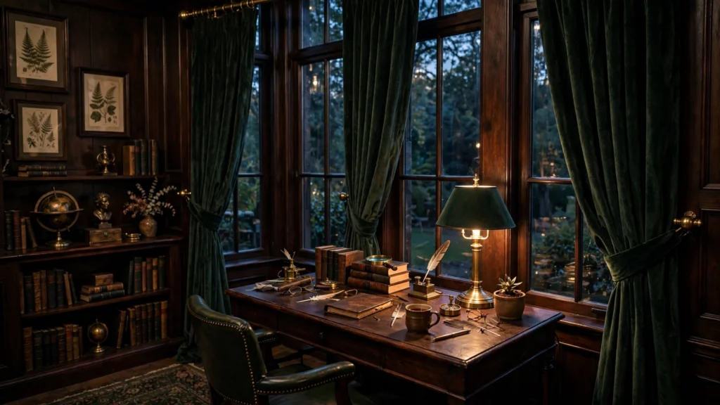 Tall windows dressed in heavy dark green velvet drapes in a dark academia office