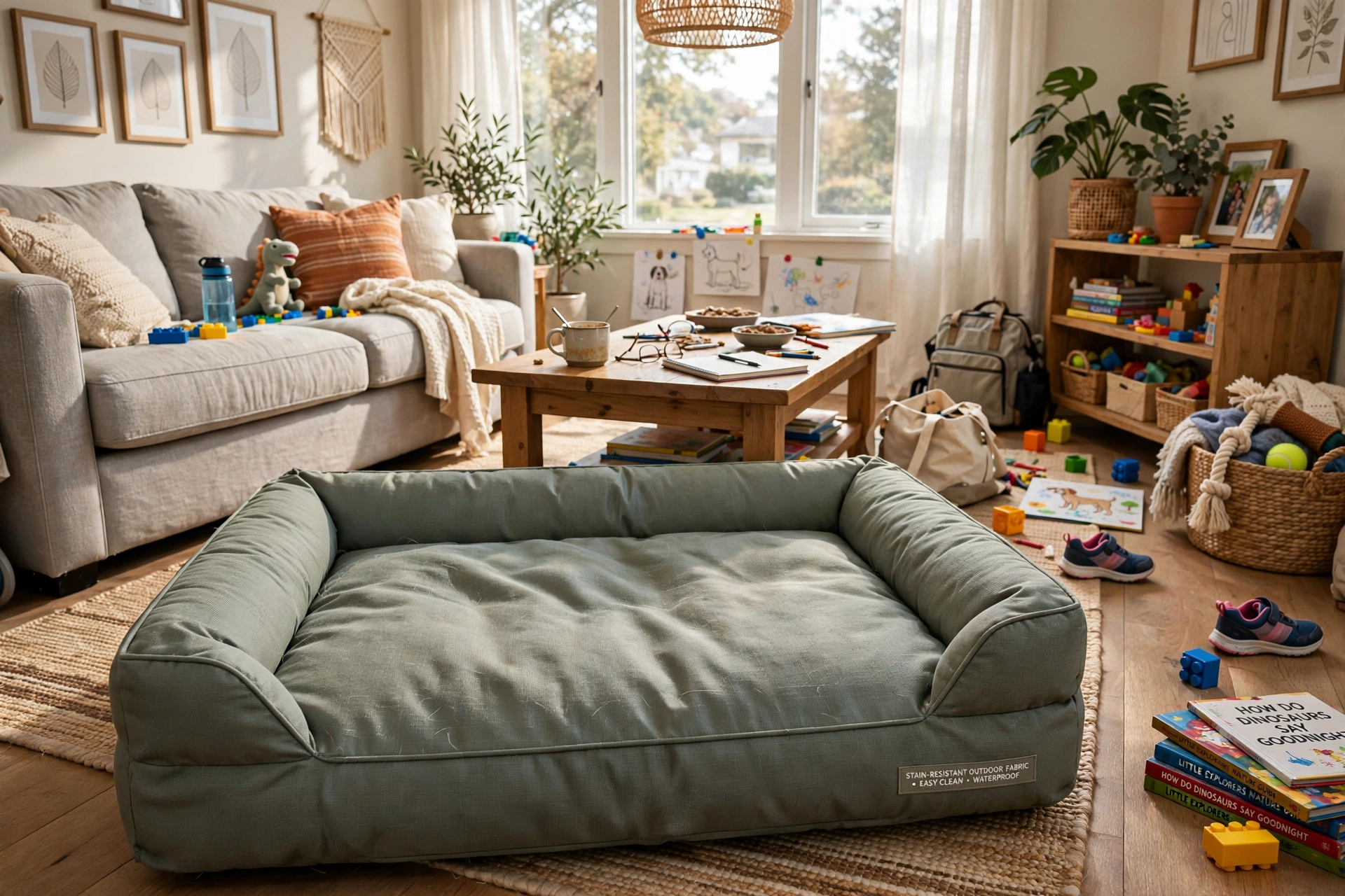Stain-resistant outdoor-fabric dog bed in a busy family living room