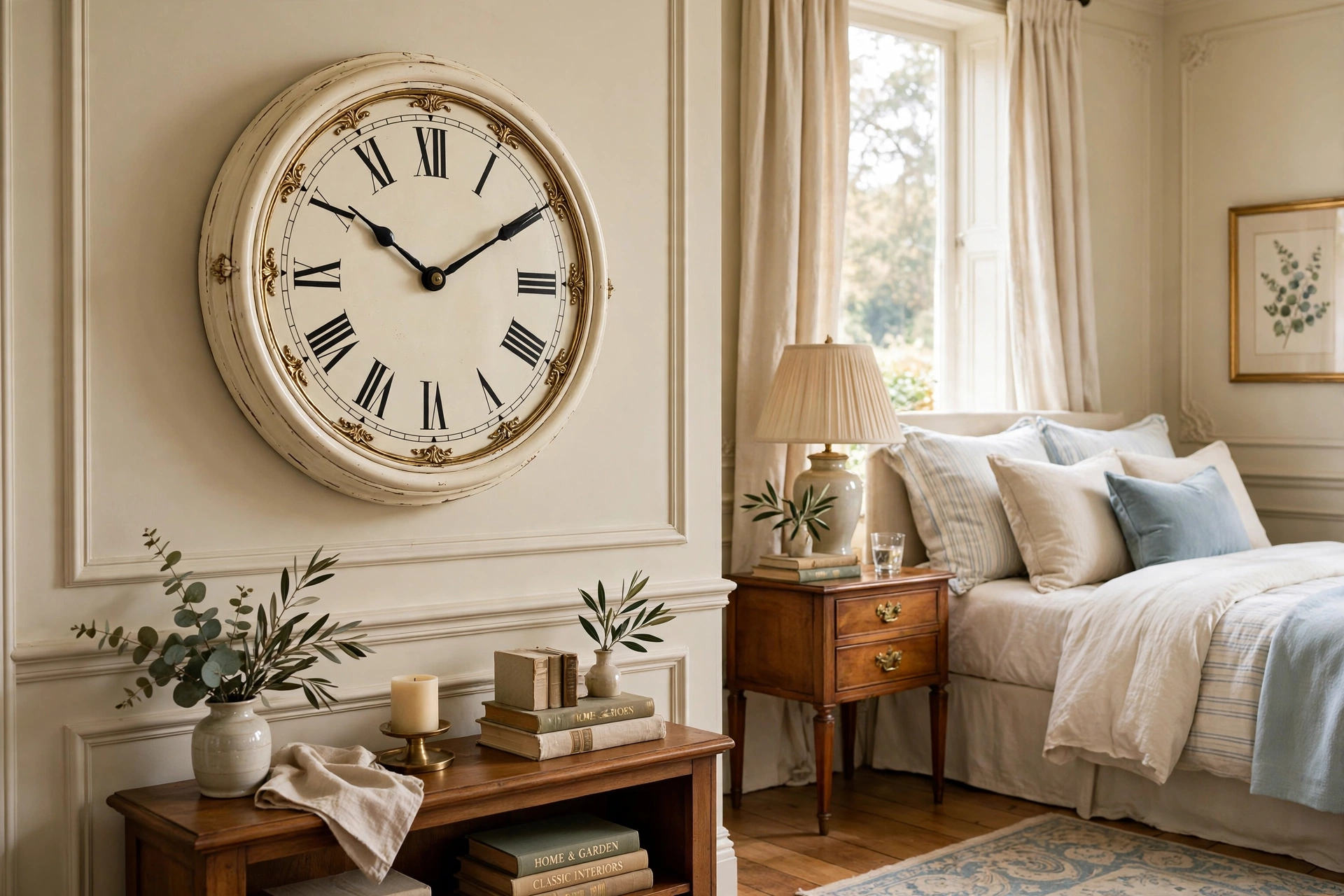 Classic ivory clock with black Roman numerals in a traditional elegant bedroom